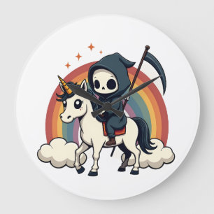 Vintage Grim Reaper Riding Unicorn Rainbow Cute Go Large Clock