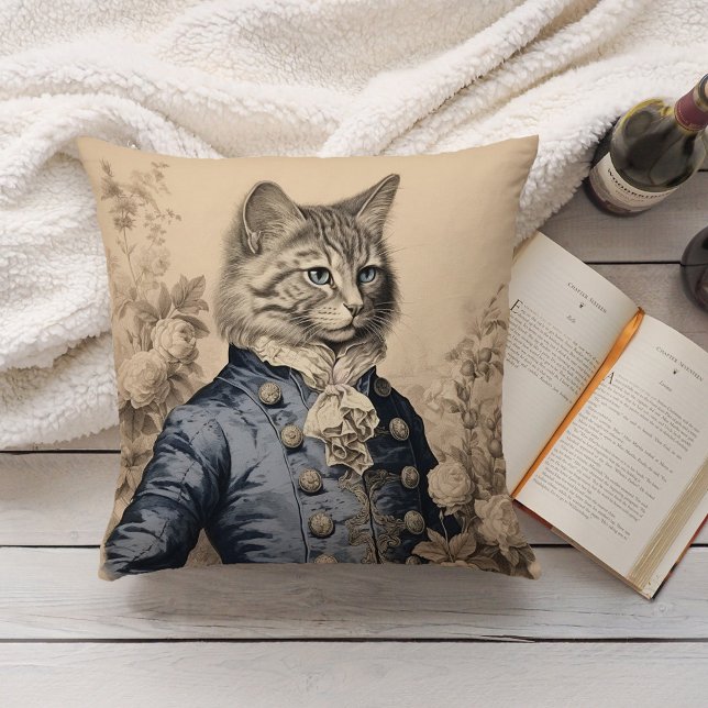 Vintage Grissaile Cat Gentleman Botanical Roses Cushion (Creator Uploaded)