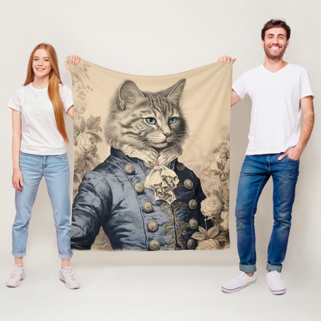 Vintage Grissaile Cat Gentleman Botanical Roses Fleece Blanket (In Situ)