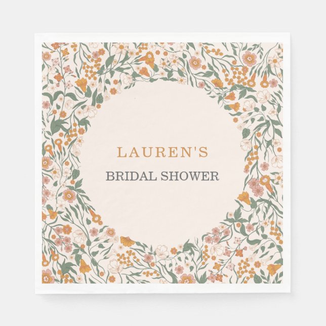 Vintage Groovy Boho Wildflowers Bridal Shower Napkin (Front)