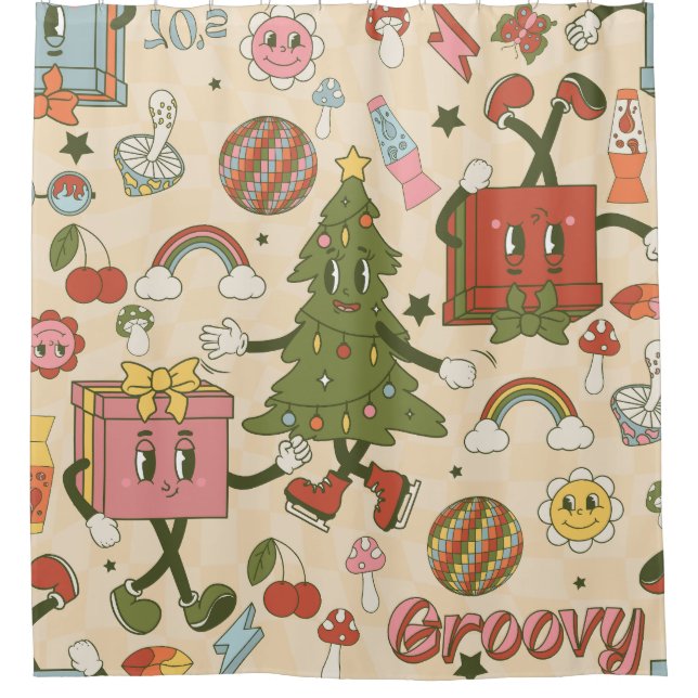 vintage groovy disco christmas tree shower curtain (Front)