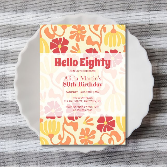 Vintage Groovy Flower Hello Eighty 80th Birthday Invitation (Creator Uploaded)