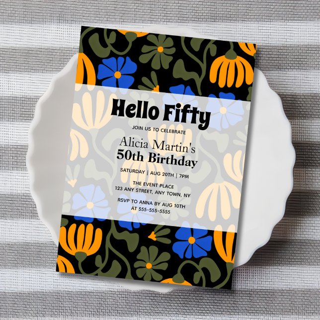 Vintage Groovy Flower Hello Fifty Black Birthday Invitation (Creator Uploaded)