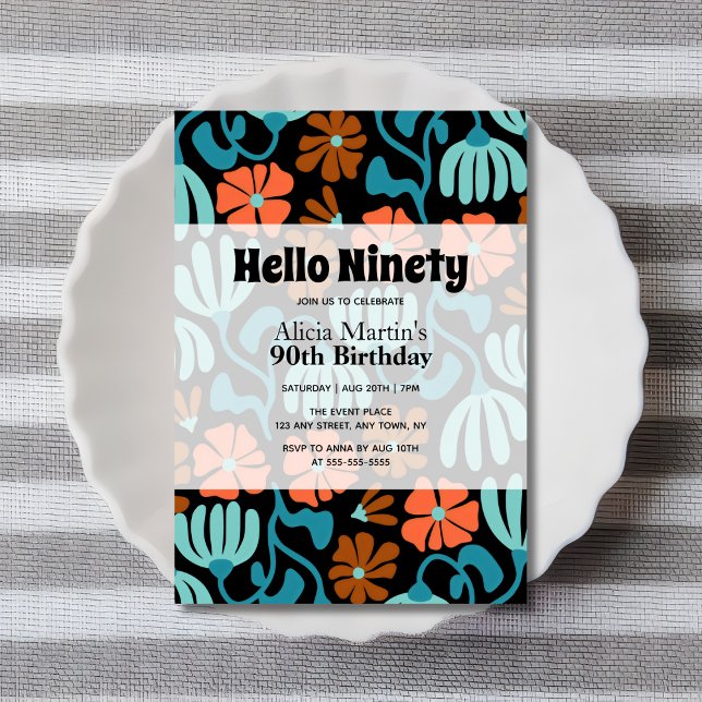 Vintage Groovy Flower Hello Ninety 90th Birthday Invitation (Creator Uploaded)