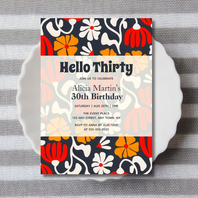 Vintage Groovy Flower Hello Thirty Navy Birthday Invitation (Creator Uploaded)