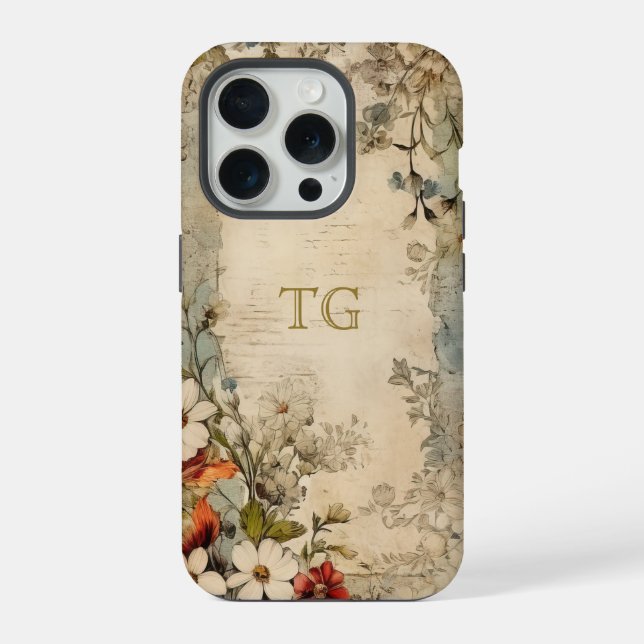 Vintage Grunge Artisan Botanical Monogram iPhone Case (Back)