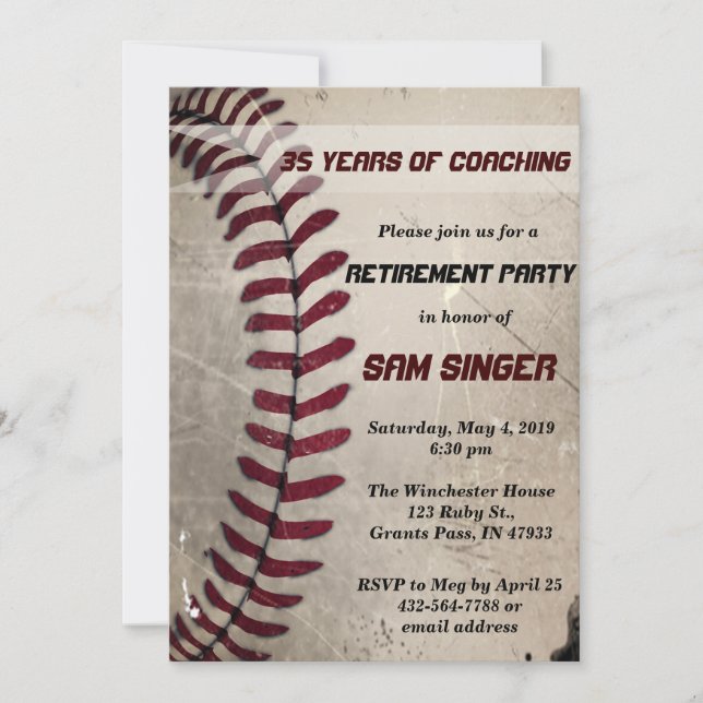 Vintage Grunge Baseball Coach Retirement Birthday Invitation (Front)