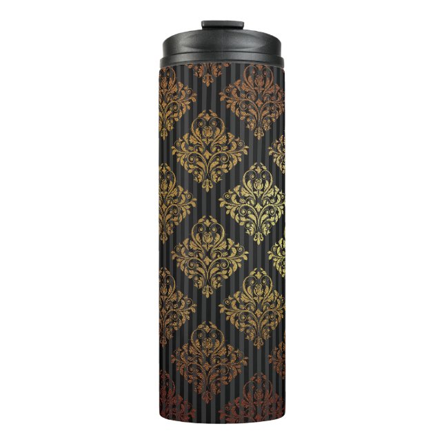 Vintage Grunge Black and Gold Damask Thermal Tumbler (Front)