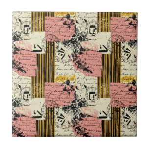 Vintage Grunge Collage Magenta Mustard Black Cream Tile