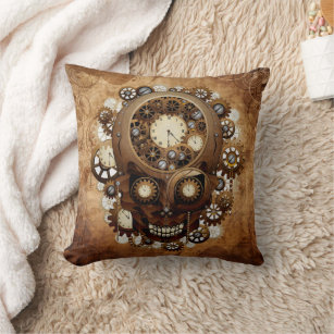 Vintage Grunge Copper Steampunk Skull Cushion