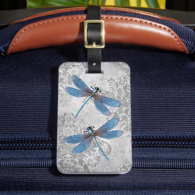 Vintage Grunge Damask Dragonflies Luggage Tag (Front Insitu 2)