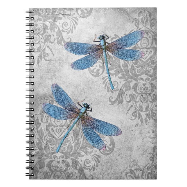 Vintage Grunge Damask Dragonflies Notebook (Front)