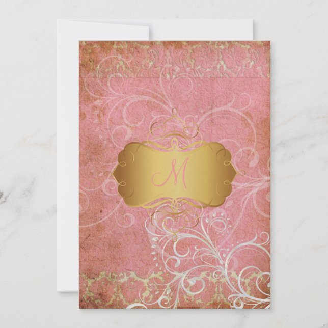 Vintage grunge damask/monogram Wedding Invitations (Front)