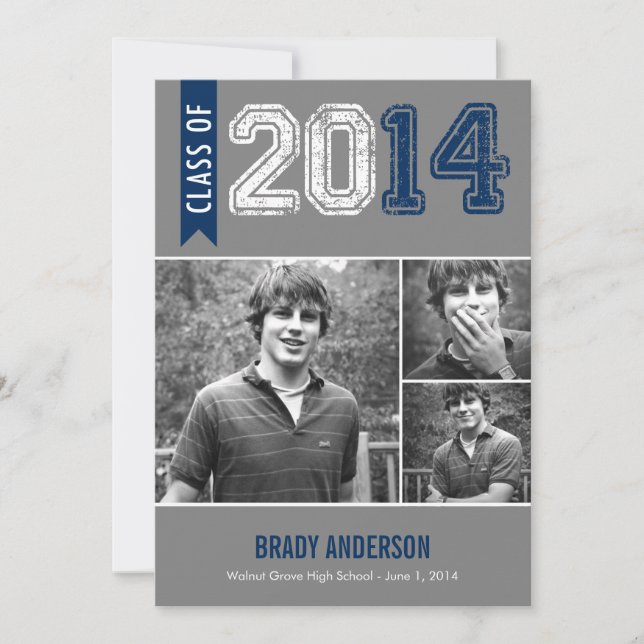 Vintage Grunge Graduation Invitation - Blue (Front)