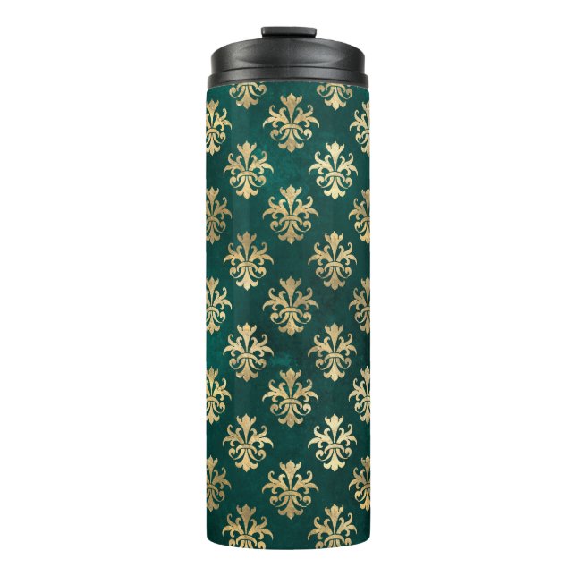 Vintage Grunge Teal and Gold Damask Thermal Tumbler (Front)
