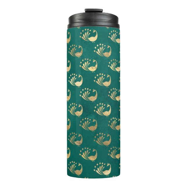 Vintage Grunge Teal and Gold Peacock Thermal Tumbler (Front)