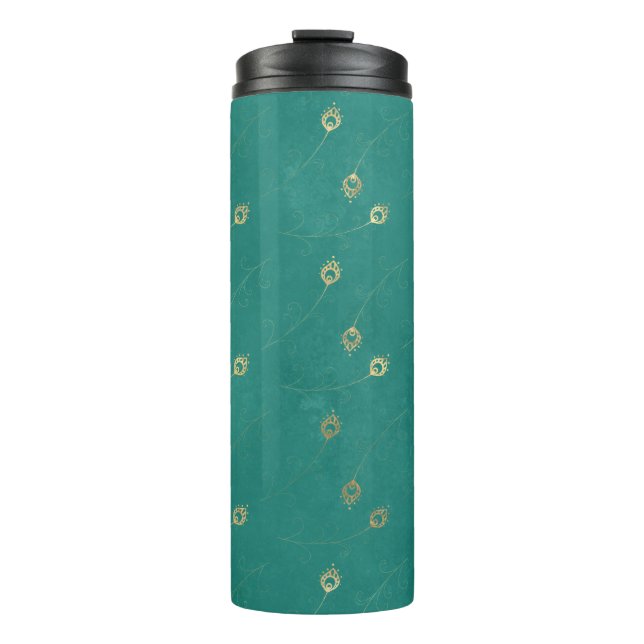 Vintage Grunge Teal and Gold Peacock Thermal Tumbler (Front)