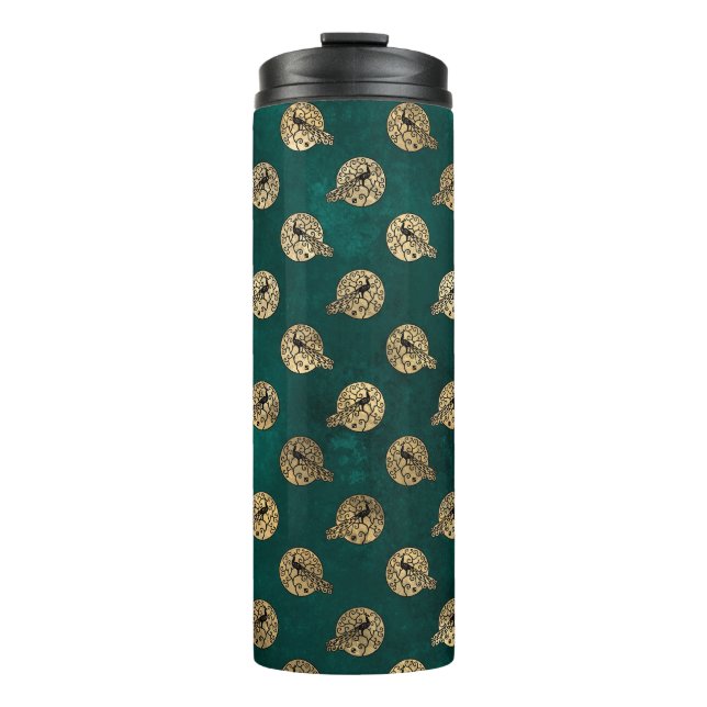 Vintage Grunge Teal and Gold Peacock Thermal Tumbler (Front)