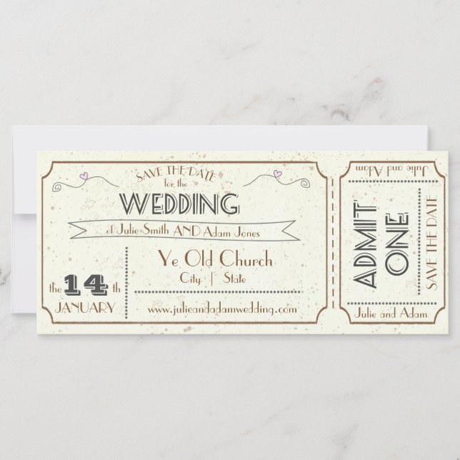 Vintage Grunge Ticket Save the Date (Front)