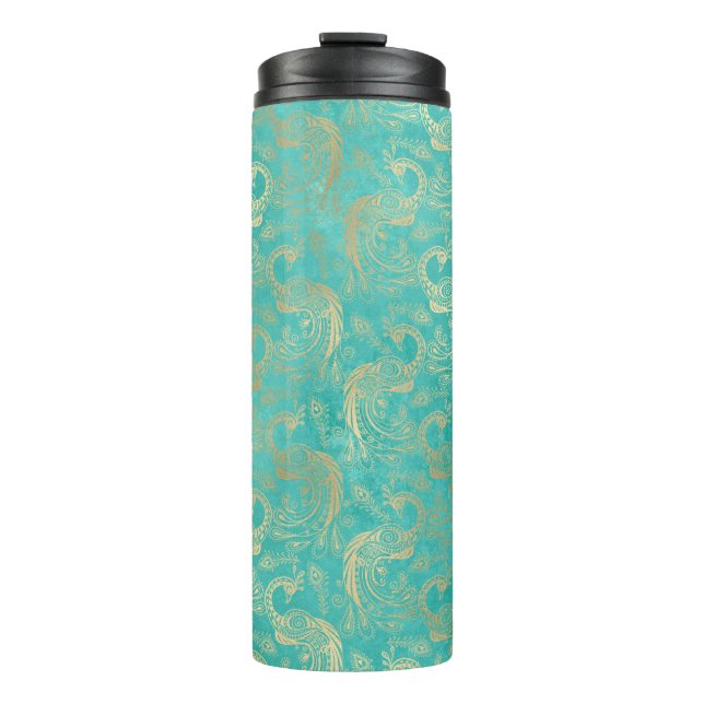 Vintage Grunge Turquoise and Gold Peacock Thermal Tumbler (Front)