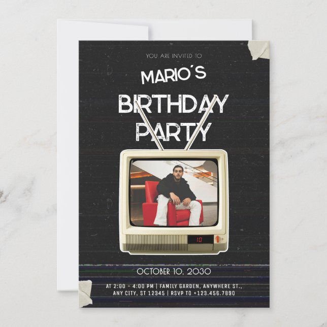 Vintage grunge tv photo birthday invitation (Front)