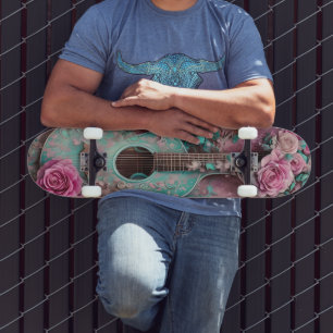 Vintage Guitar and Roses Illustration Art Skateboard