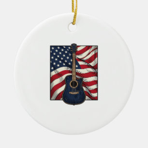 Vintage Guitar Patriotic Flag Vector Shirt Design_ Ceramic Tree Decoration