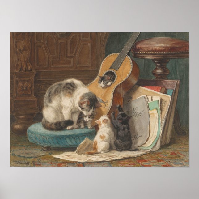 Vintage Guitar Print Cat Kittens Piano Musician  (Front)