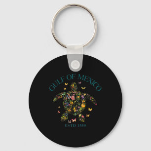 Vintage Gulf Of Mexico Est 1550 Floral Turtle Key Ring