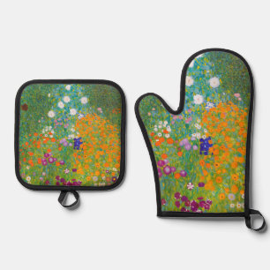 Vintage Gustav Klimt Cottage Garden Flower Art Oven Mitt & Pot Holder Set