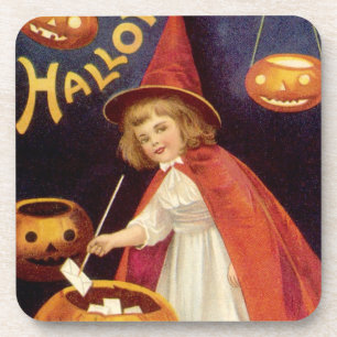 Vintage Halloween, A Cute Girl Witch with Letters Coaster