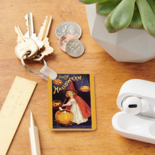 Vintage Halloween, A Cute Girl Witch with Letters Key Ring