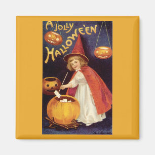 Vintage Halloween, A Cute Girl Witch with Letters Magnet