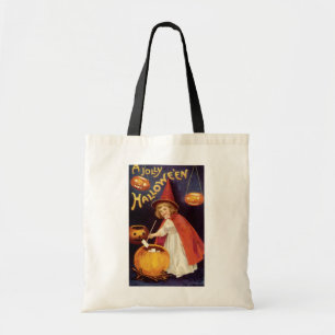 Vintage Halloween, A Cute Girl Witch with Letters Tote Bag
