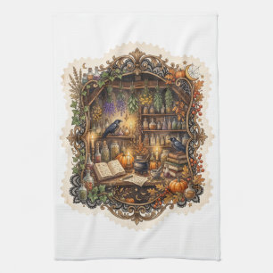 Vintage Halloween Apothecary Witch Raven Tea Towel