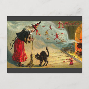 Vintage Halloween Art - Cat meets the Witch ! Postcard
