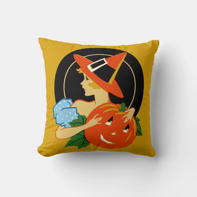 Vintage Halloween Art Deco Girl Pillow (Front)