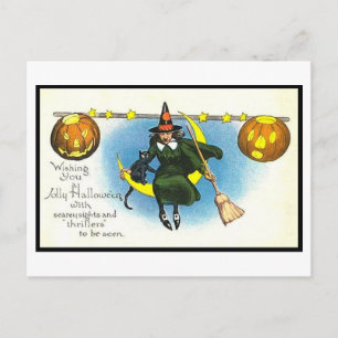 Vintage Halloween Art Postcard Witch Pumpkins