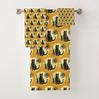 Vintage Halloween Bathroom Decor Black Cat Spider Bath Towel Set