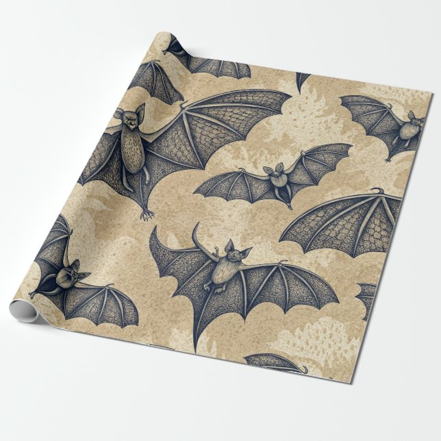 Vintage Halloween Bats Wrapping Paper (Unrolled)