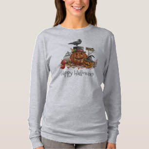 Vintage Halloween Black Bird Pumpkins Sleeve Shirt