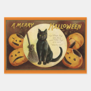 Vintage Halloween Black Cat and Carved Pumpkins  Wrapping Paper Sheet