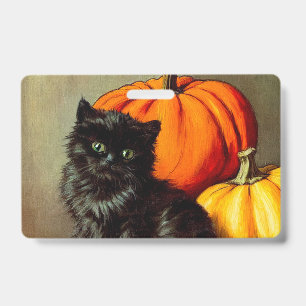 Vintage Halloween Black Cat and Pumpkins ID Badge