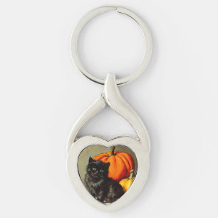 Vintage Halloween Black Cat and Pumpkins Key Ring