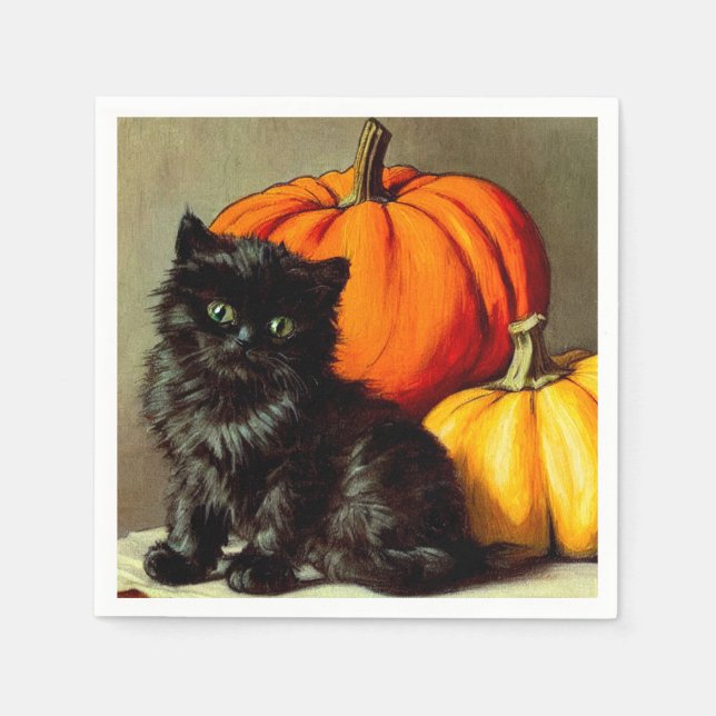Vintage Halloween Black Cat and Pumpkins Napkin (Front)