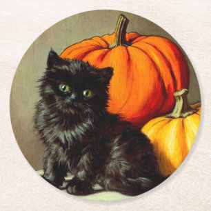 Vintage Halloween Black Cat and Pumpkins Round Paper Coaster