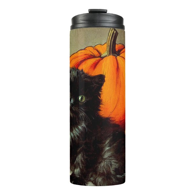 Vintage Halloween Black Cat and Pumpkins Thermal Tumbler (Front)