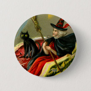 Vintage Halloween Black Cat and Witch 6 Cm Round Badge