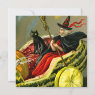 Vintage Halloween Black Cat and Witch Card
