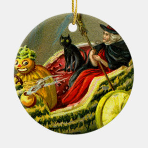 Vintage Halloween Black Cat and Witch Ceramic Tree Decoration